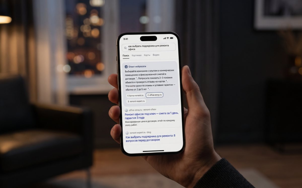 Смартфон с ответом нейросети в поисковой выдаче
